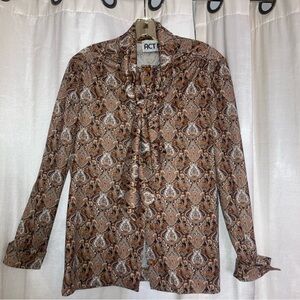 Vintage ACT III Paisley Blouse Tie Neck Brown Cream Boho Button Front Top
